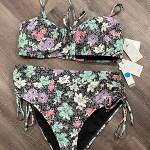 Time and Tru Black and Green Floral Bikini Set NWT